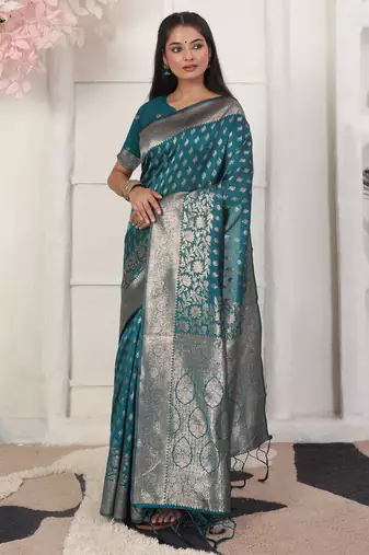 Rama green color weving work lichi silk fancy saree with blouse