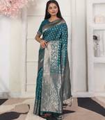 Rama green color weving work lichi silk fancy saree with blouse