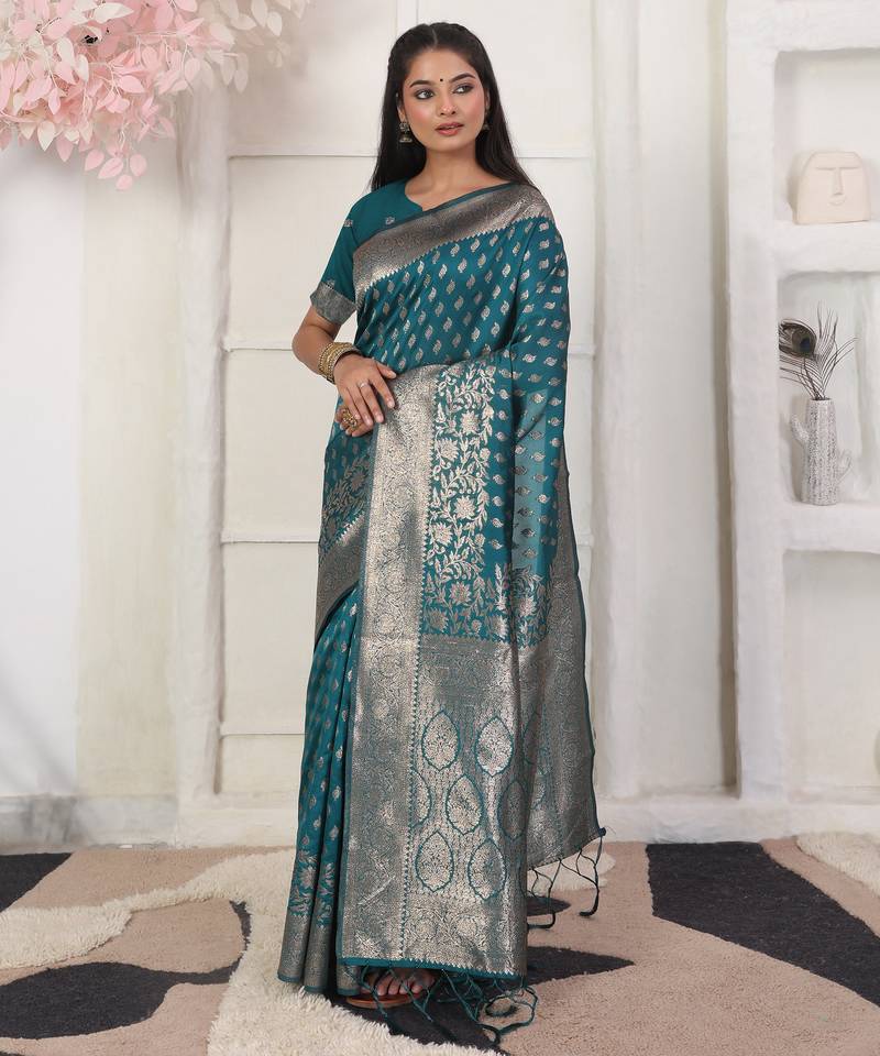 Rama green color weving work lichi silk fancy saree with blouse