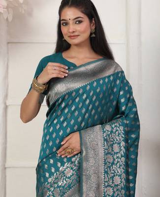 Rama green color weving work lichi silk fancy saree with blouse 2