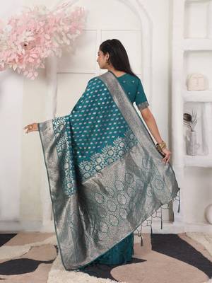 Rama green color weving work lichi silk fancy saree with blouse 3