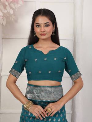 Rama green color weving work lichi silk fancy saree with blouse 4