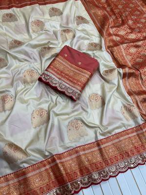 off white color soft silk blend banarasi silk blend saree 1