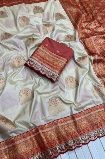 off white color soft silk blend banarasi silk blend saree