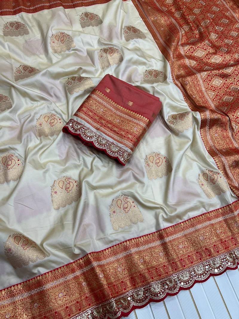 off white color soft silk blend banarasi silk blend saree