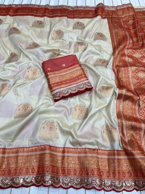 off white color soft silk blend banarasi silk blend saree 2