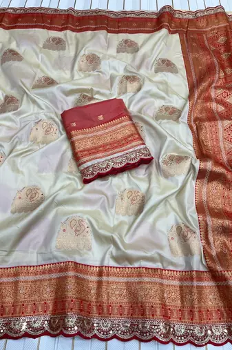 off white color soft silk blend banarasi silk blend saree