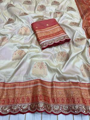 off white color soft silk blend banarasi silk blend saree 3