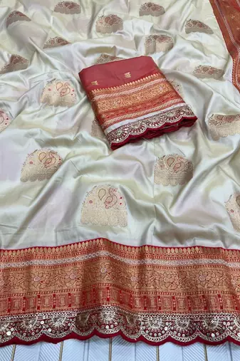 off white color soft silk blend banarasi silk blend saree