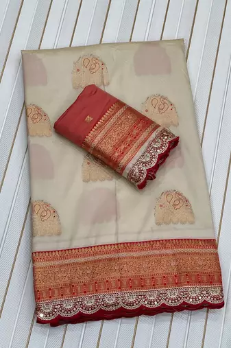 off white color soft silk blend banarasi silk blend saree