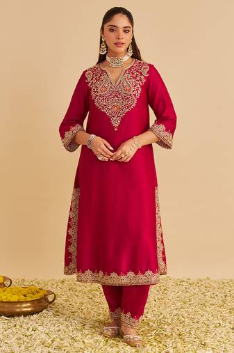 Pink embroidered silk kurta set