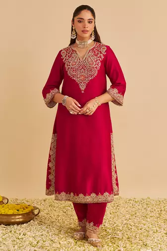 Pink embroidered silk kurta set