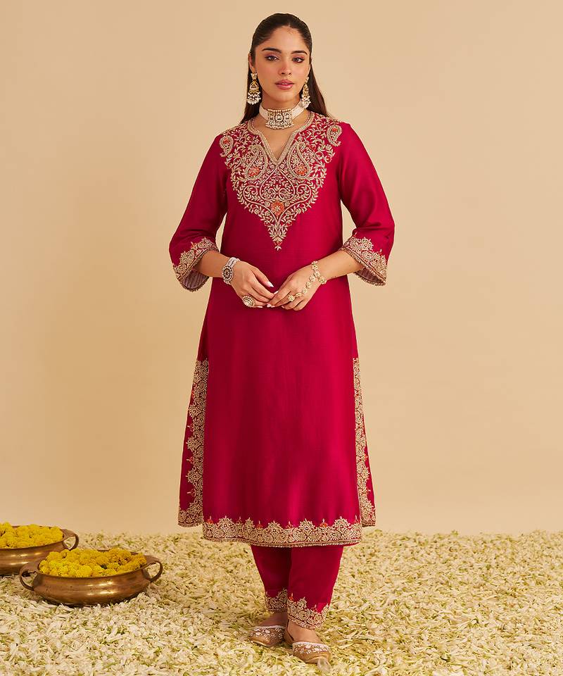 Pink embroidered silk kurta set