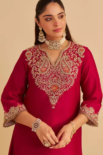 Pink embroidered silk kurta set