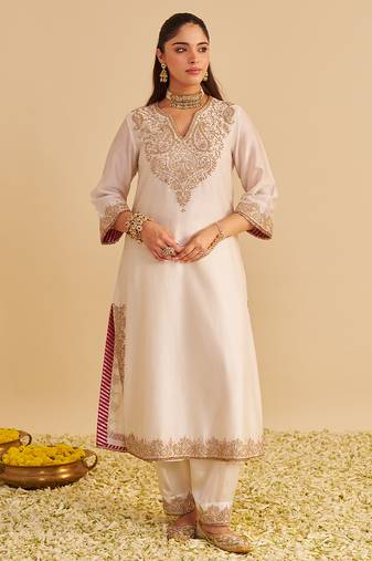 Ivory embroidered silk kurta set