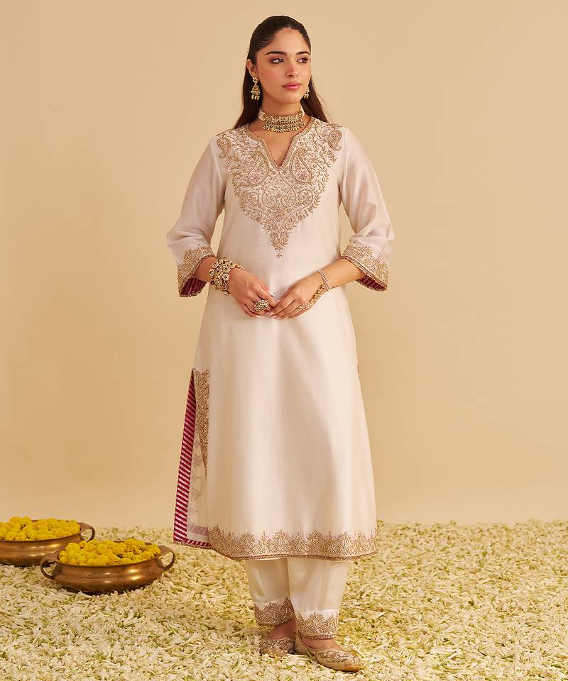 Ivory embroidered silk kurta set