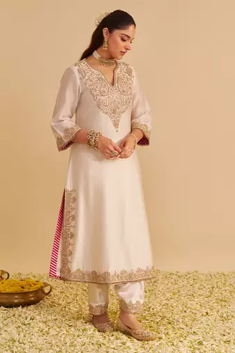 Ivory embroidered silk kurta set