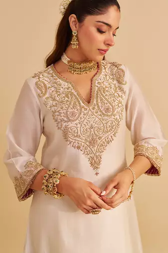 Ivory embroidered silk kurta set