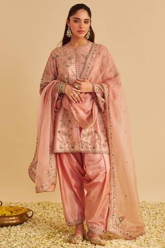 Pink embroidered silk kurta set with dupatta