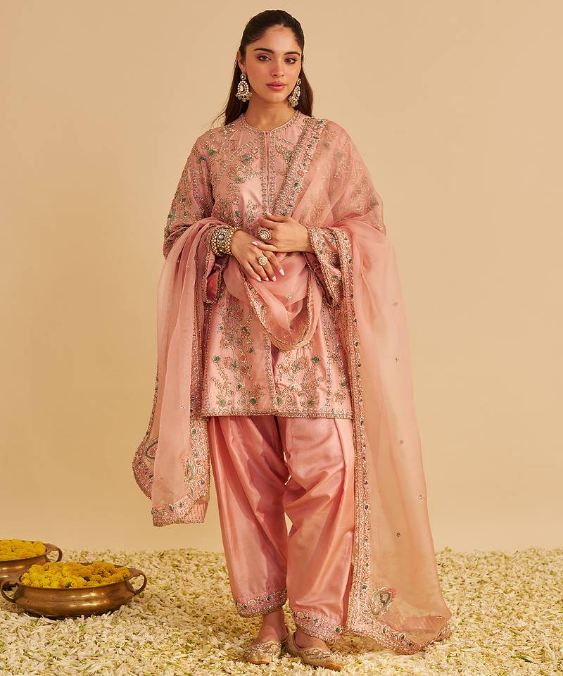 Pink embroidered silk kurta set with dupatta