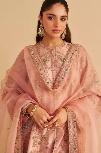 Pink embroidered silk kurta set with dupatta