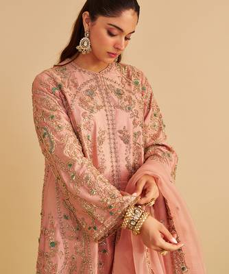 Pink embroidered silk kurta set with dupatta 3
