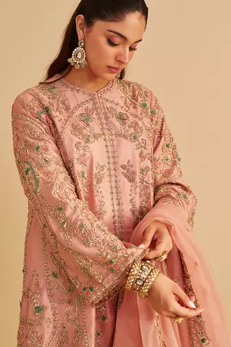 Pink embroidered silk kurta set with dupatta