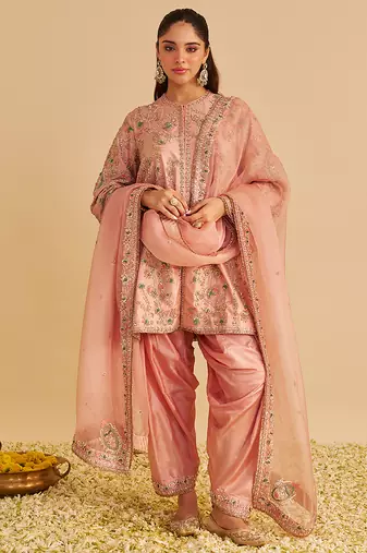 Pink embroidered silk kurta set with dupatta