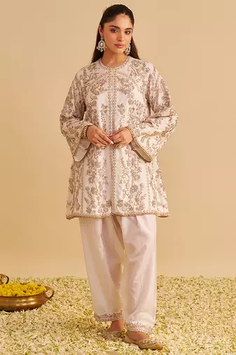 Ivory embroidered silk kurta set with dupatta