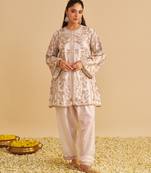 Ivory embroidered silk kurta set with dupatta