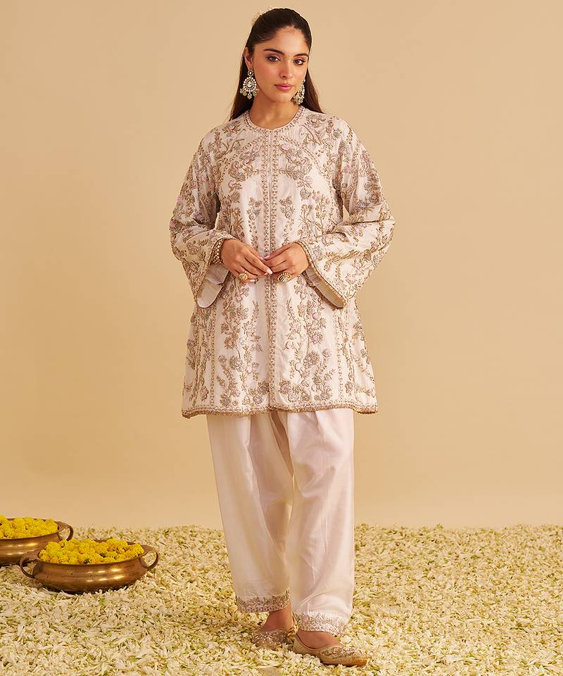 Ivory embroidered silk kurta set with dupatta