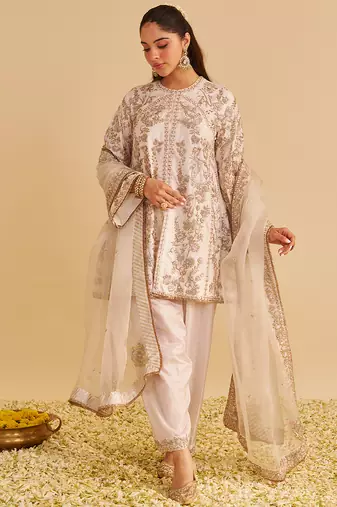 Ivory embroidered silk kurta set with dupatta