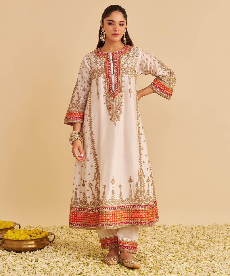 Ivory embroidered silk kurta set with dupatta