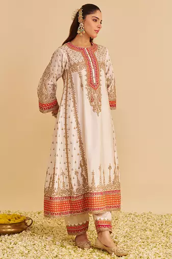Ivory embroidered silk kurta set with dupatta