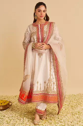 Ivory embroidered silk kurta set with dupatta