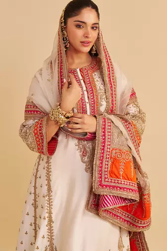 Ivory embroidered silk kurta set with dupatta