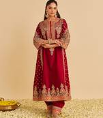 Red embroidered silk kurta set with dupatta