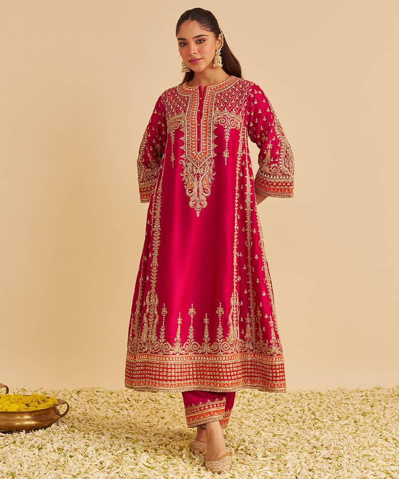 Pink embroidered silk kurta set with dupatta