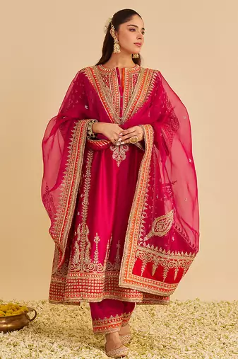 Pink embroidered silk kurta set with dupatta