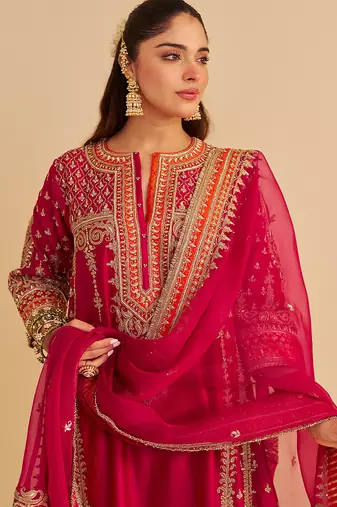 Pink embroidered silk kurta set with dupatta