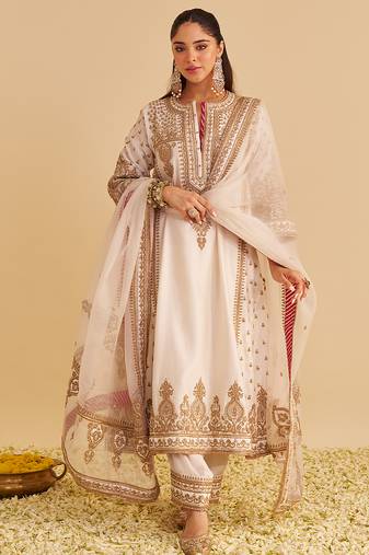 Ivory embroidered silk kurta set with dupatta