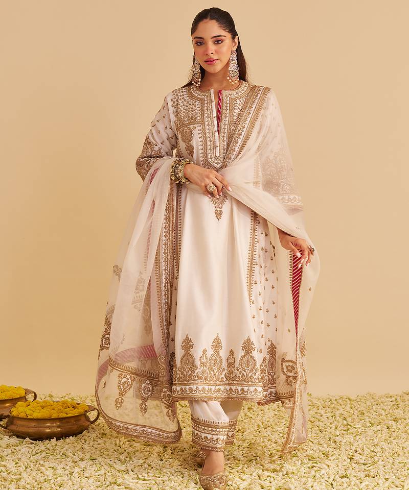 Ivory embroidered silk kurta set with dupatta