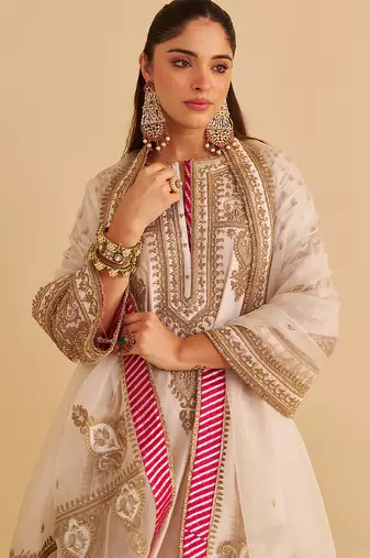 Ivory embroidered silk kurta set with dupatta