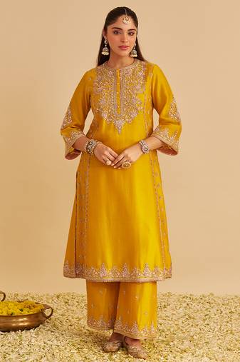 Yellow embroidered silk kurta set with dupatta