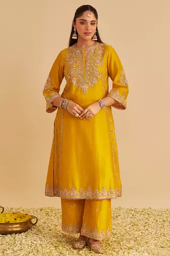 Yellow embroidered silk kurta set with dupatta