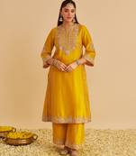 Yellow embroidered silk kurta set with dupatta