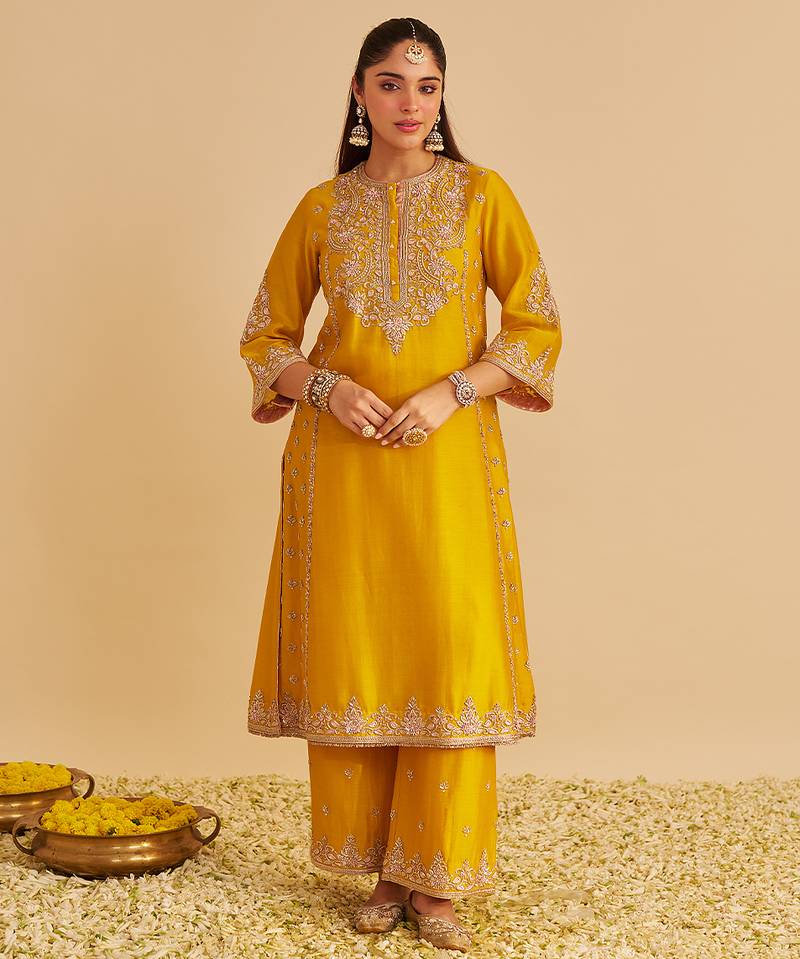 Yellow embroidered silk kurta set with dupatta