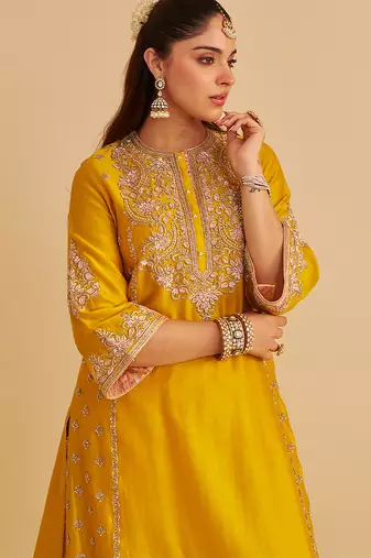 Yellow embroidered silk kurta set with dupatta