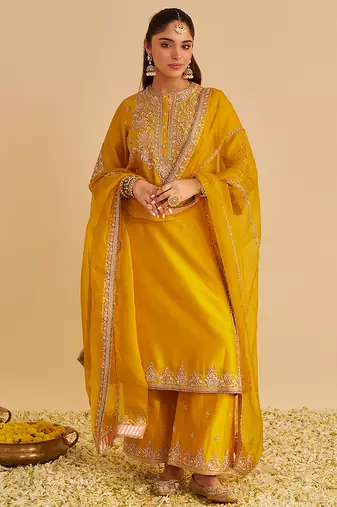 Yellow embroidered silk kurta set with dupatta