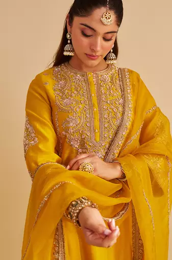 Yellow embroidered silk kurta set with dupatta